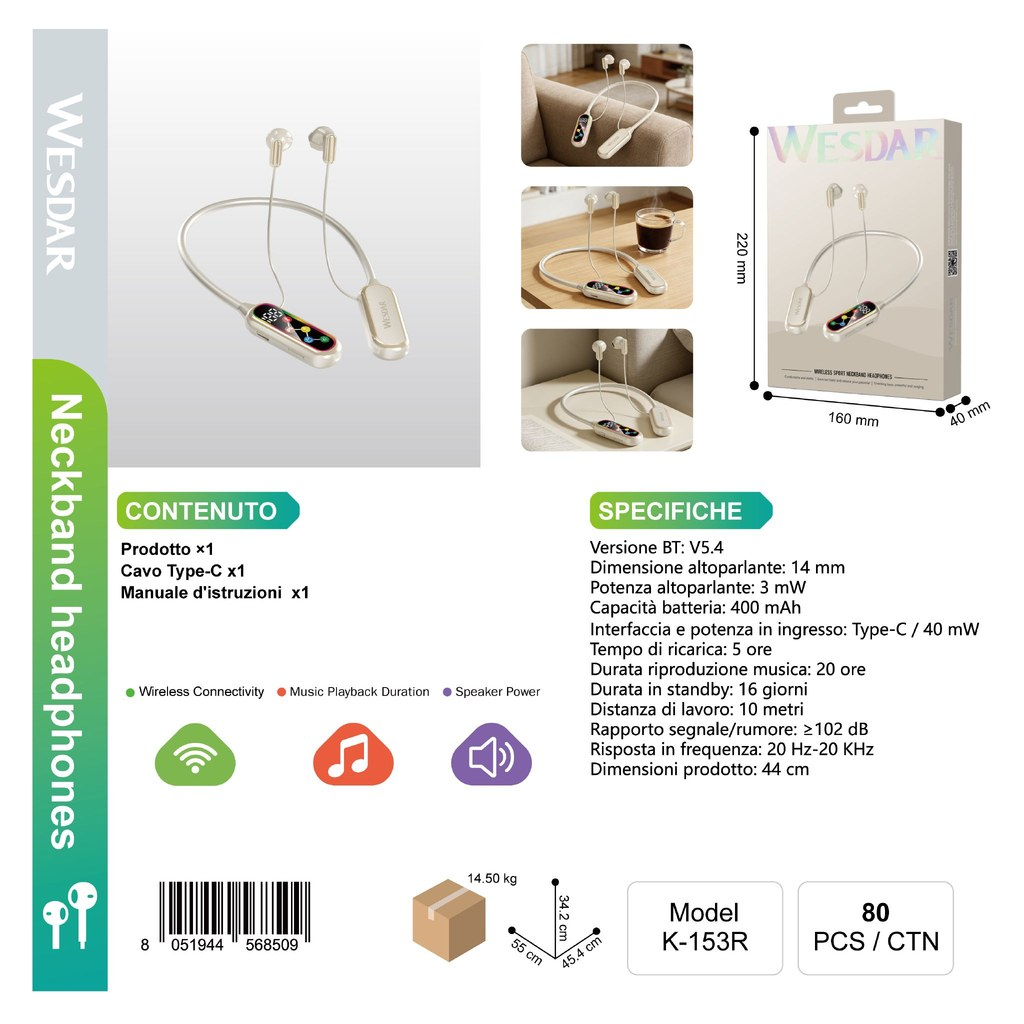 WESDAR K-153 Auricolari Sportivi da Collo (Bianco)
