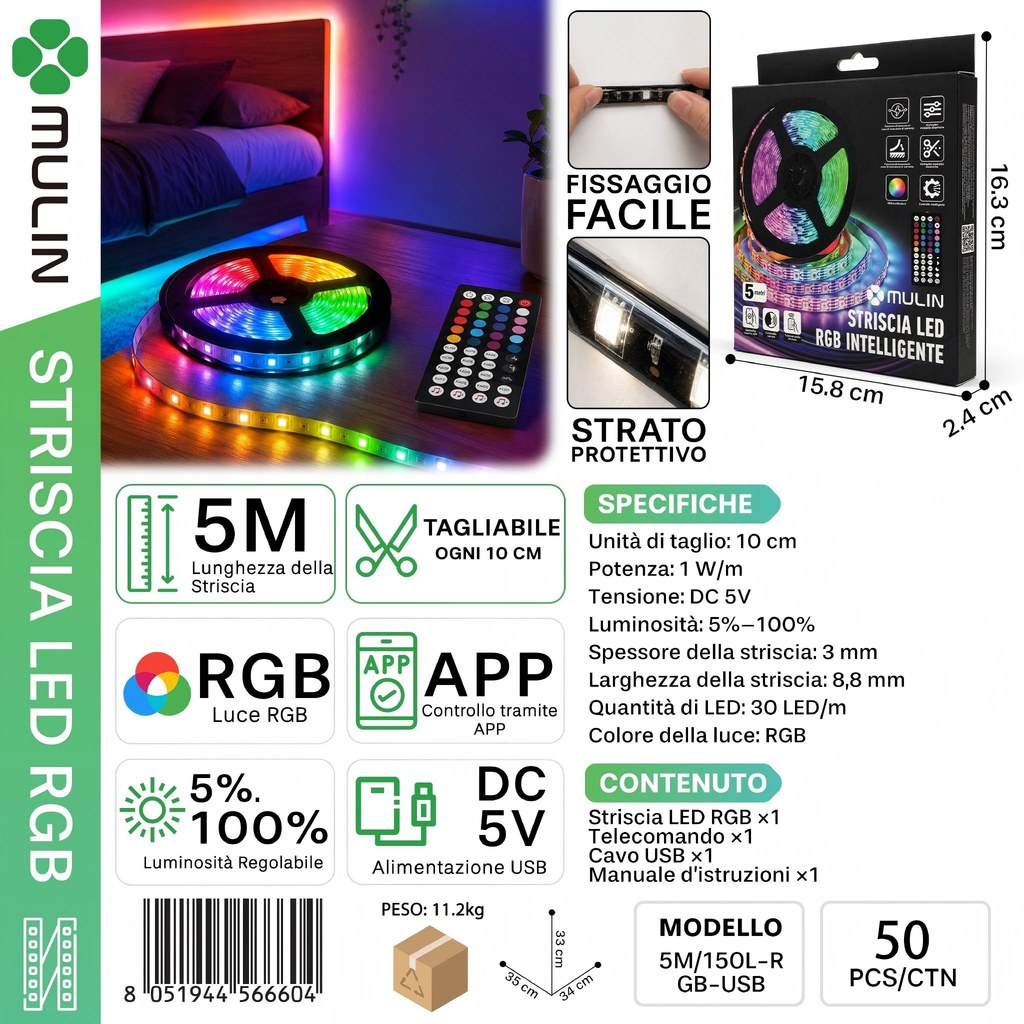 MULIN 5M/150L Striscia LED RGB Intelligente