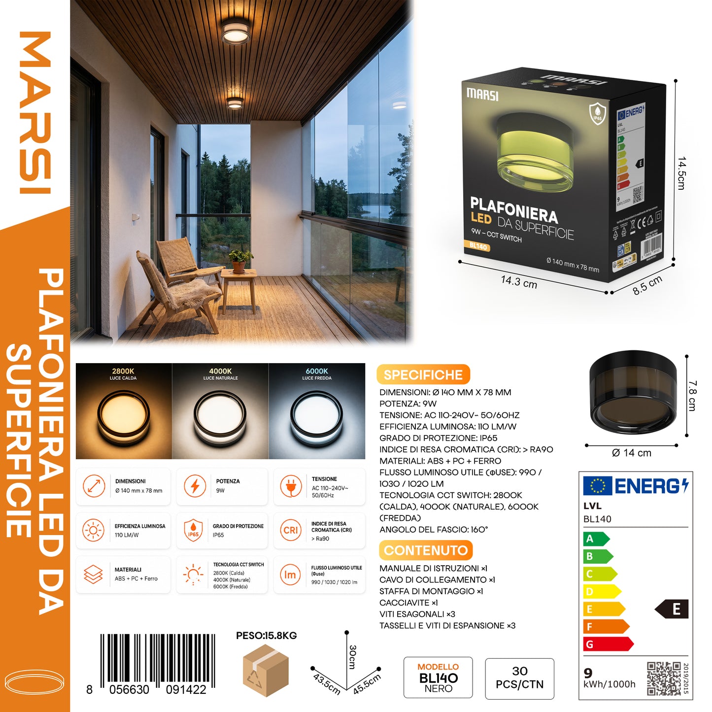 MARSI BL140 lafoniera LED da Superfice Nero