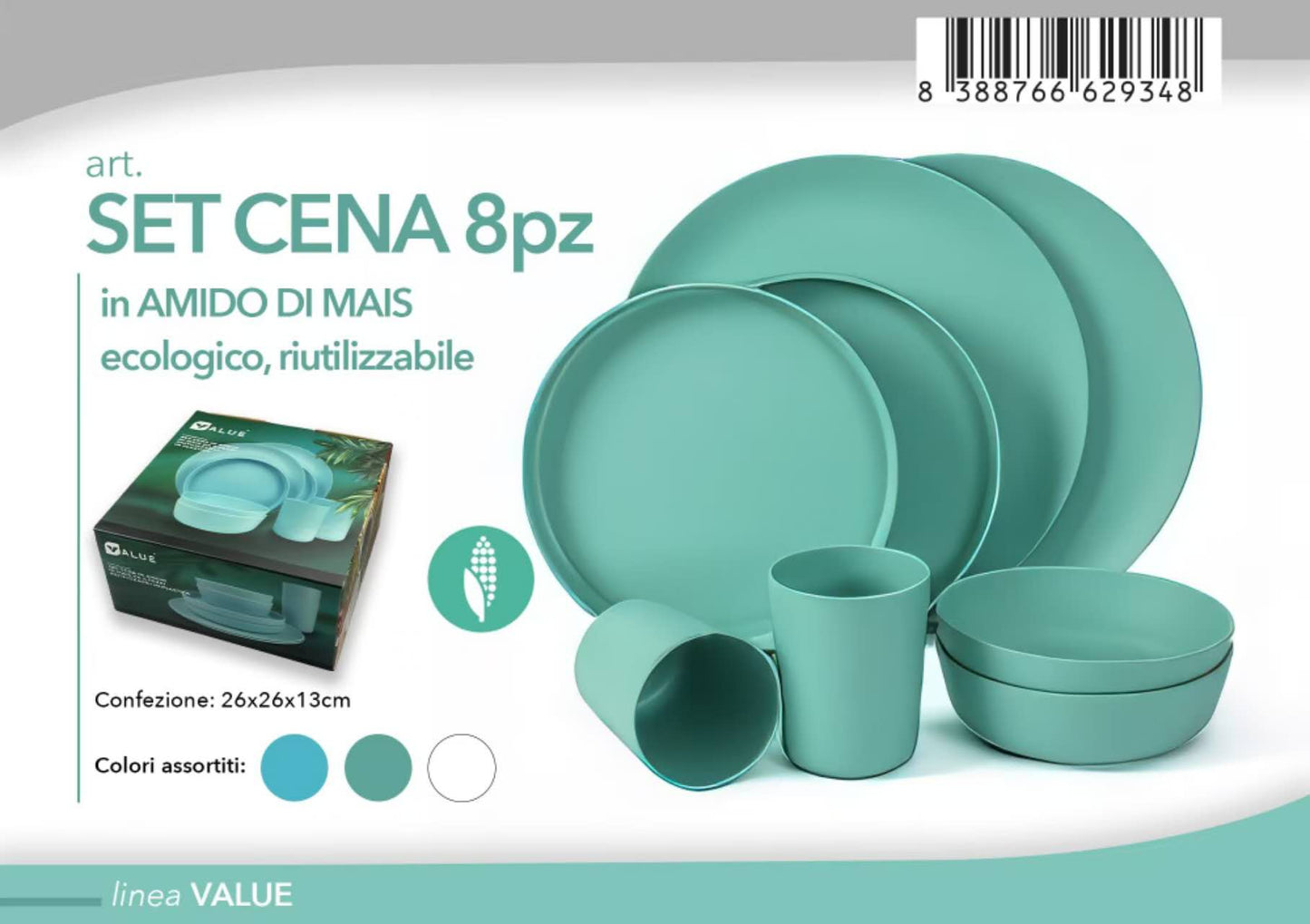 SET CENA 8PZ In Amido di Mais, Ecologico e Riutilizzabile