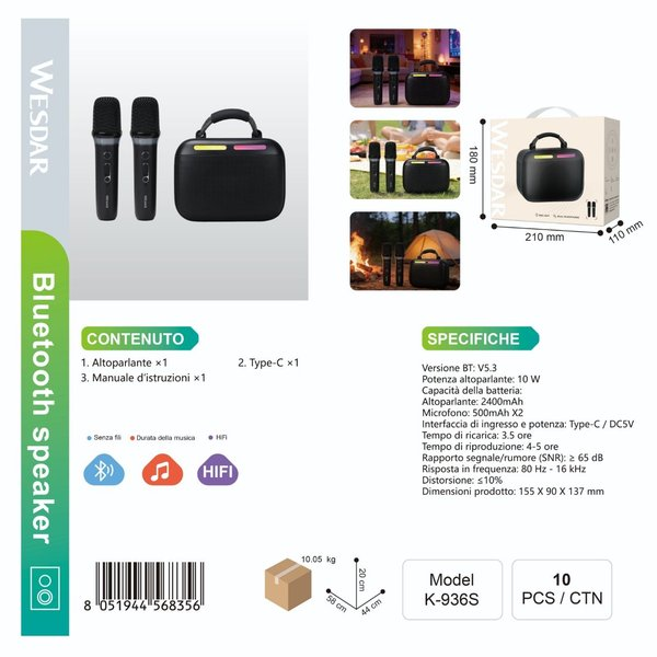WESDAR K-936S Altoparlante con 2 Microfono Wireless