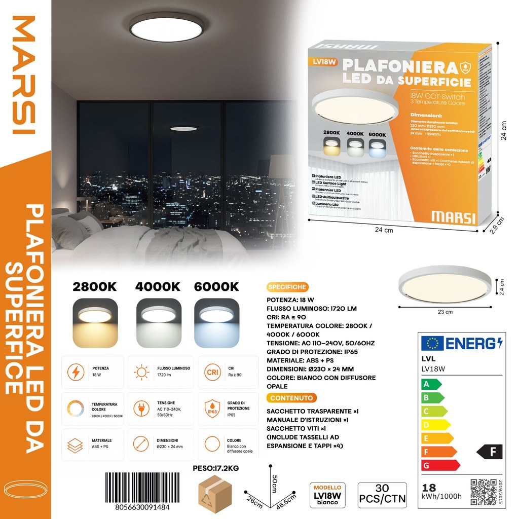 MARSI 18W 1720ML LV18W Plafoniera LED da Superfice