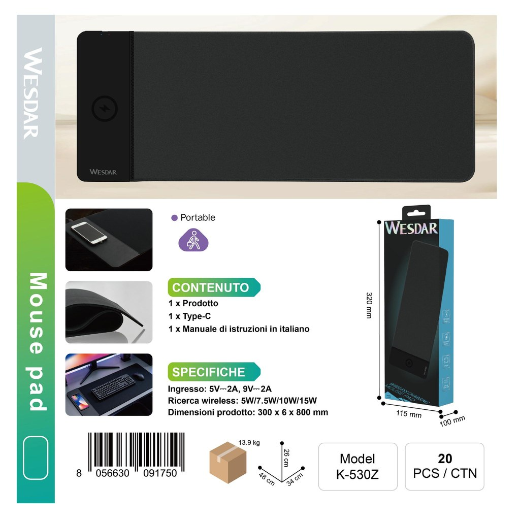 WESDAR K-305Z Tappetino per Mouse con Carica Telefono Integrato