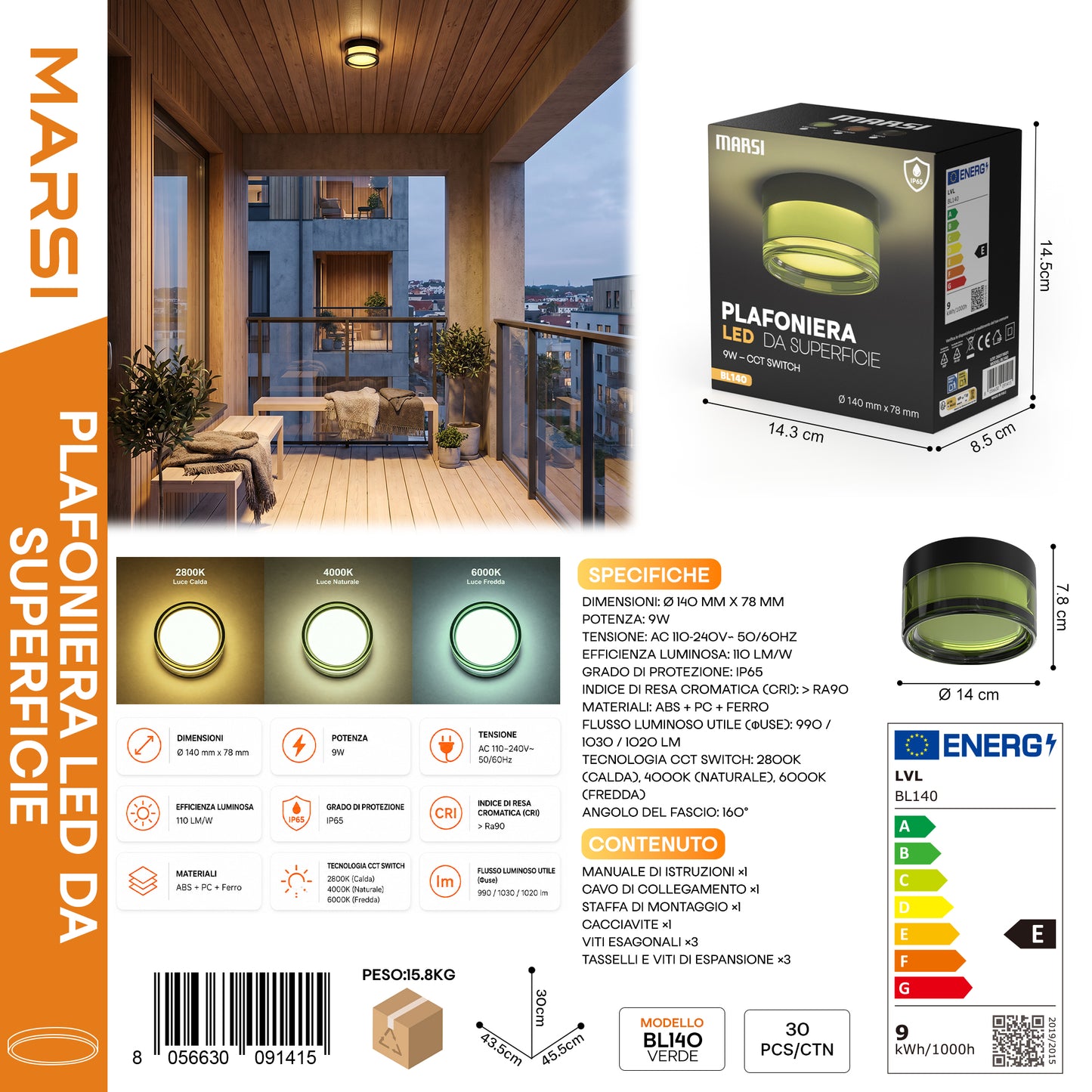 MARSI BL140 Plafoniera LED da Superfice Verde