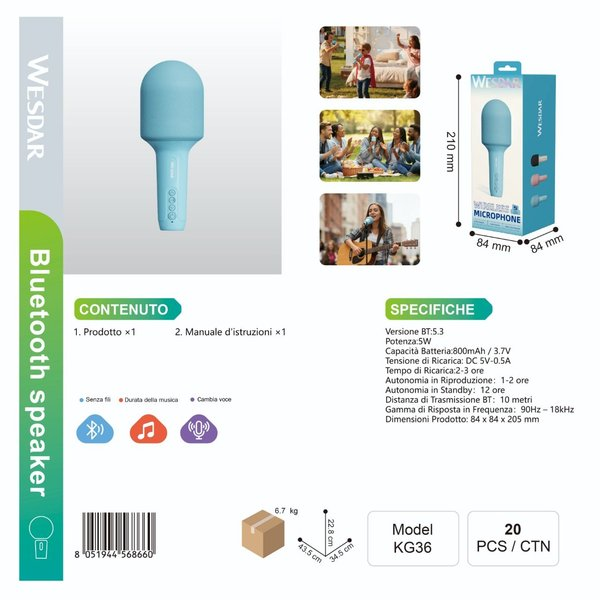 WESDAR KG36 Microfono Wirless con Altoparlante Integrata e Bluetooth