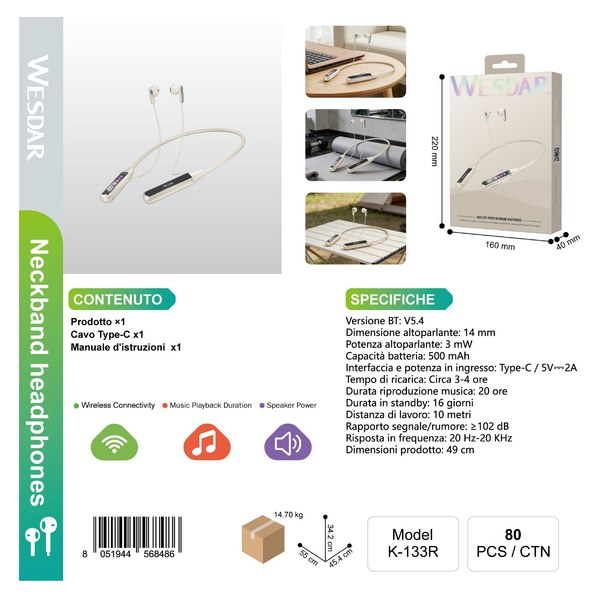 WESDAR K-133R Auricolari Sportivi da Collo (Bianco)