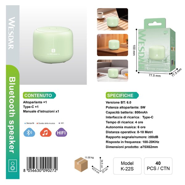 WESDAR K-22S Altoparlante Bluetooth 5W (Verde)
