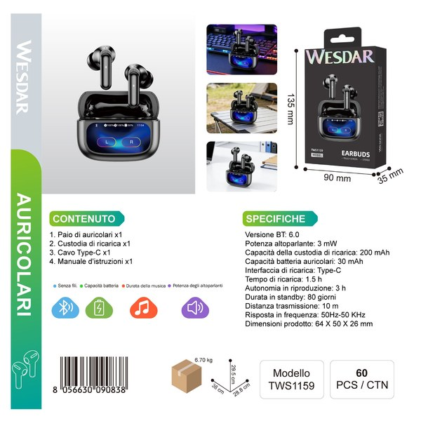 WESDAR TWS1160 Auricolare Wireless con Schermo Integrata