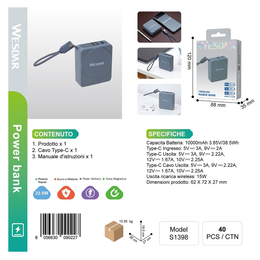WESDAR S1398 Powerbank Magnetico 10000mAh (Grigio)