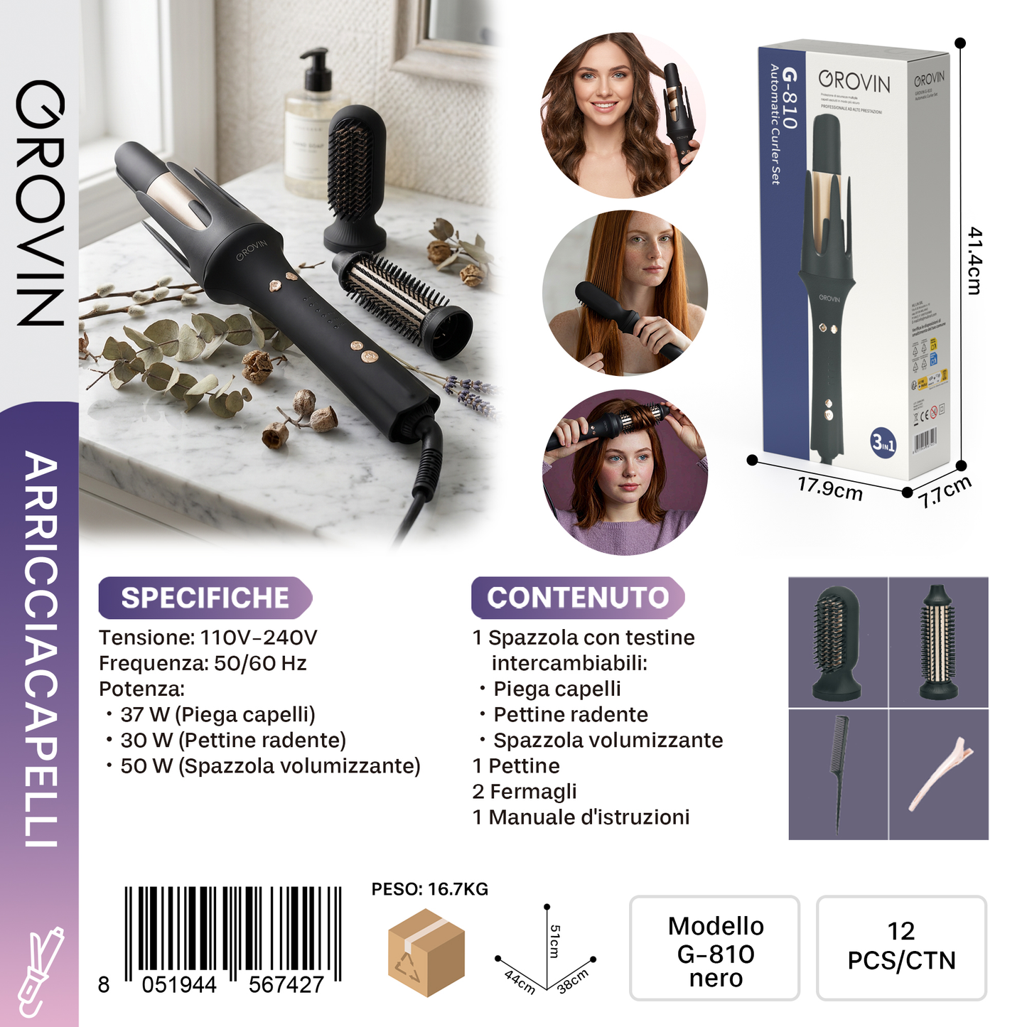 GROVIN G-810 Arricciacappelli Set 3-in-1 Nero