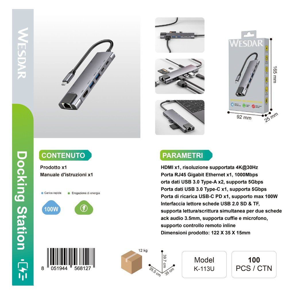 WESDAR K-113U Type-C Hub per Computer/Portatile