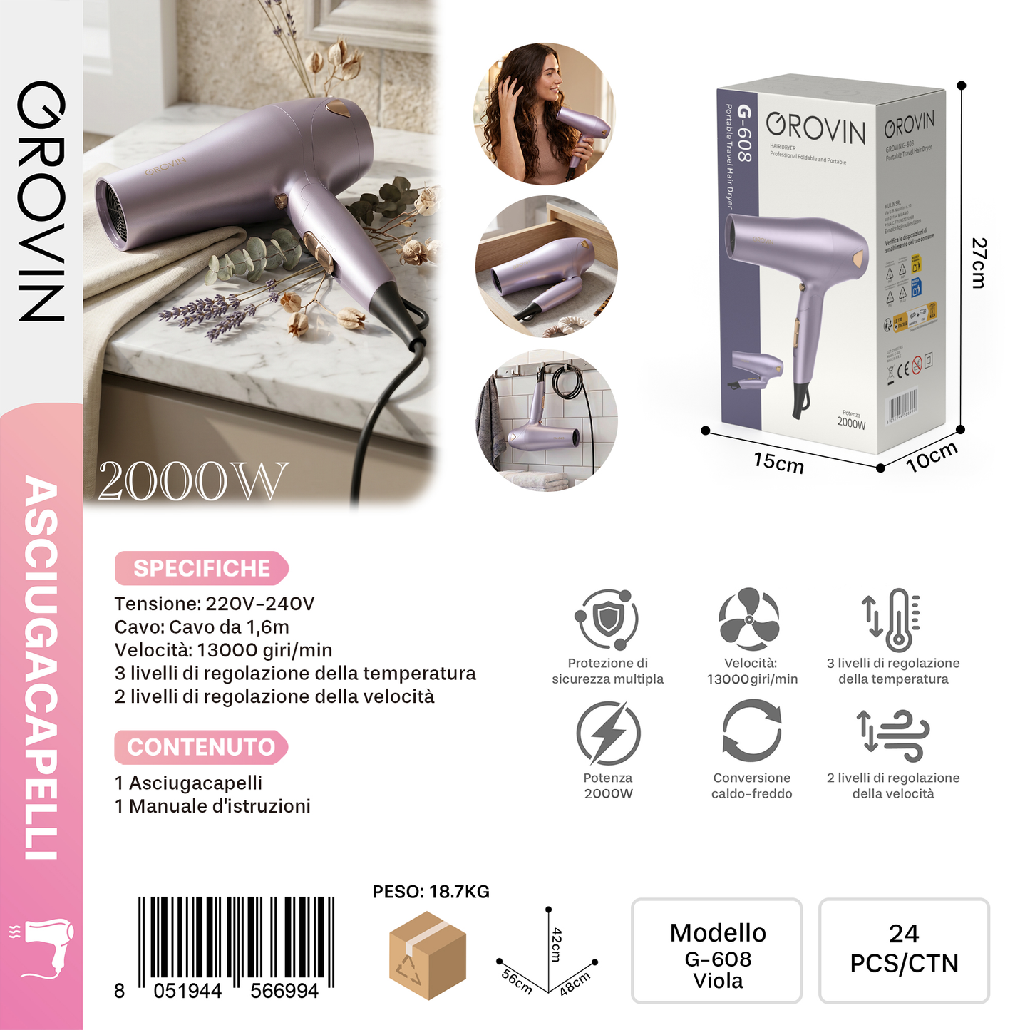 GROVIN G-608 Asciugacapelli 2000w Viola