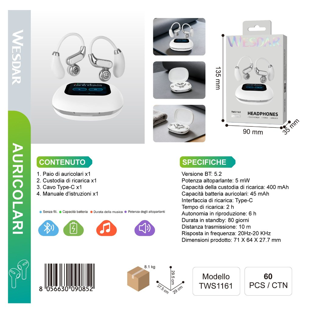 WESDAR TWS1161 Auricolare Wireless Bianco