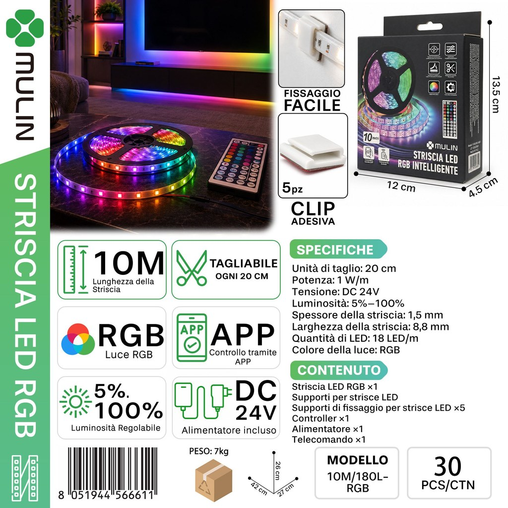 MULIN 10M/180L Striscia LED RGB Intelligente