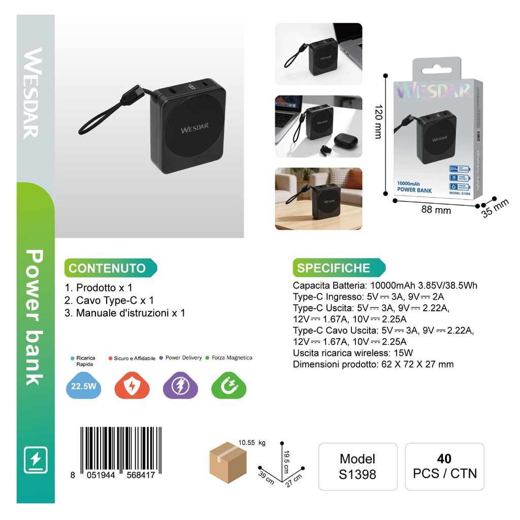 WESDAR S1398 Powerbank Magnetico 10000mAh (Nero)