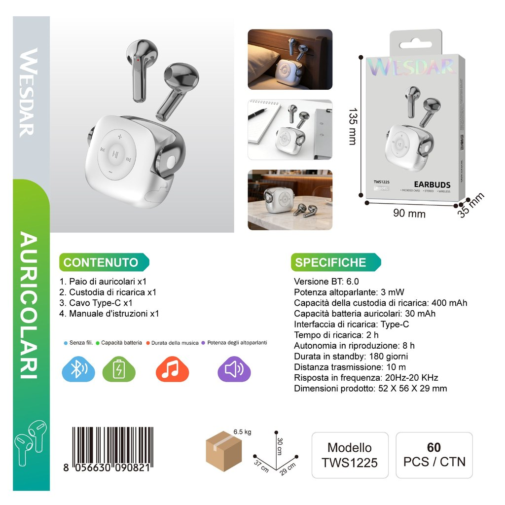 WESDAR TWS1225 Auricolare Bluettooth con Scheda TF Integrata Bianco