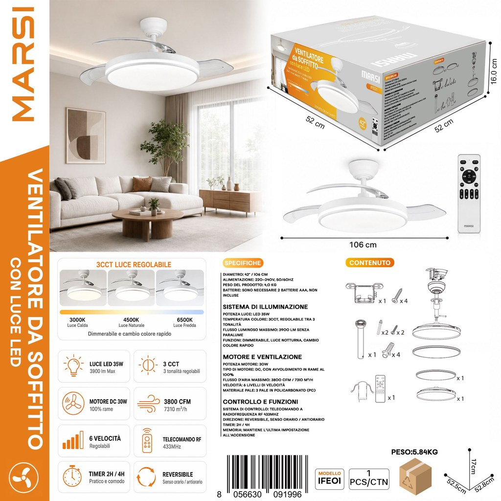 MARSI IFE01 Ventilatore da Soffitto con Luce a LED 30W 106CM