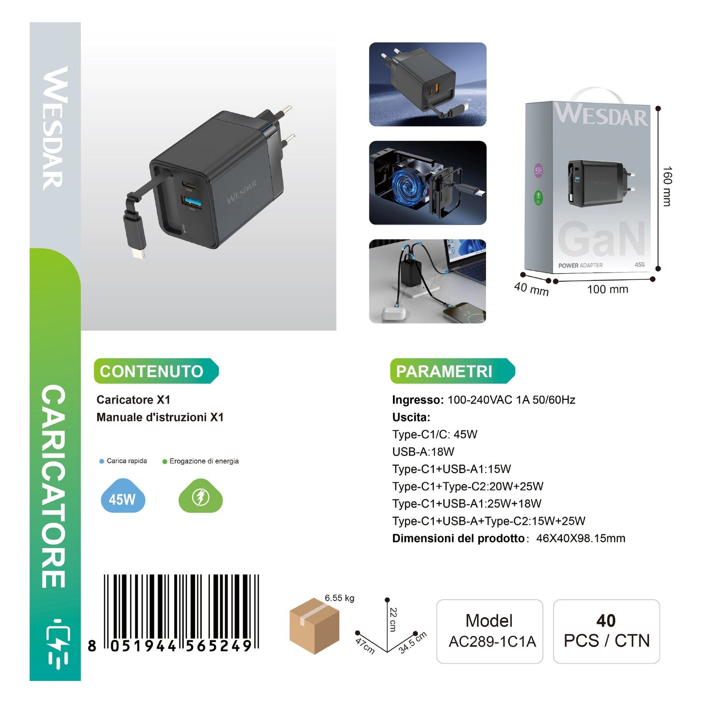 WESDAR AC289-1C1A 交流充电器 最大功率 45W 双端口