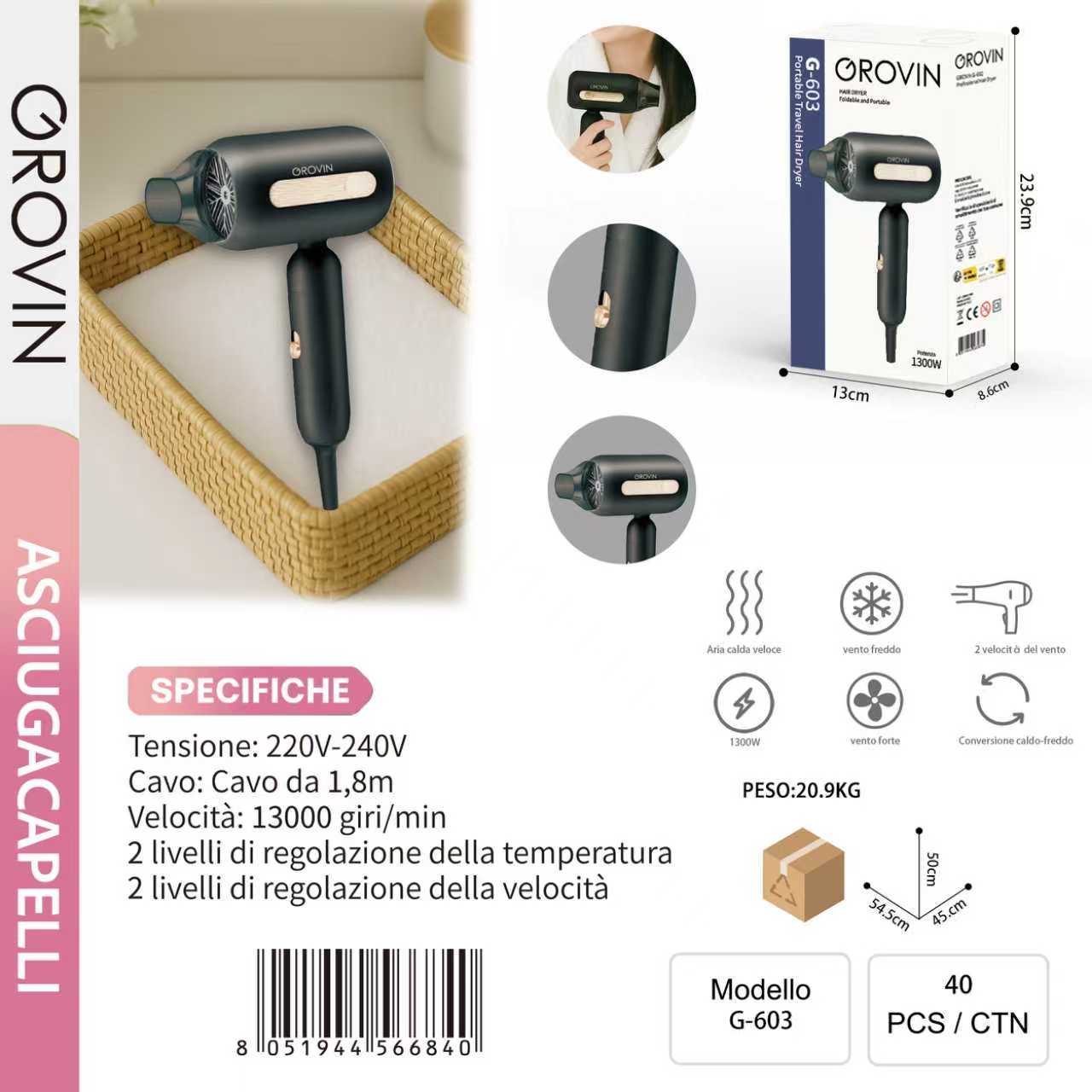 GROVIN G-603 Asciugacapelli 1300w 220v-240v Nero