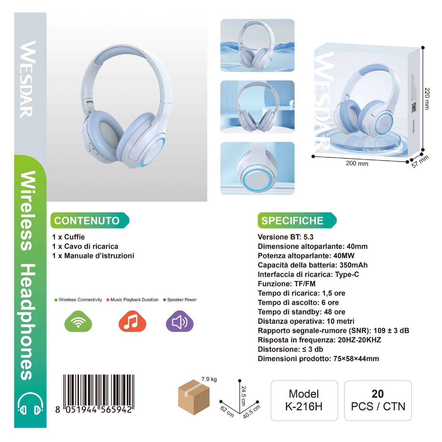 WESDAR K-216H Wireless Cuffie / Headphones BT 5.4