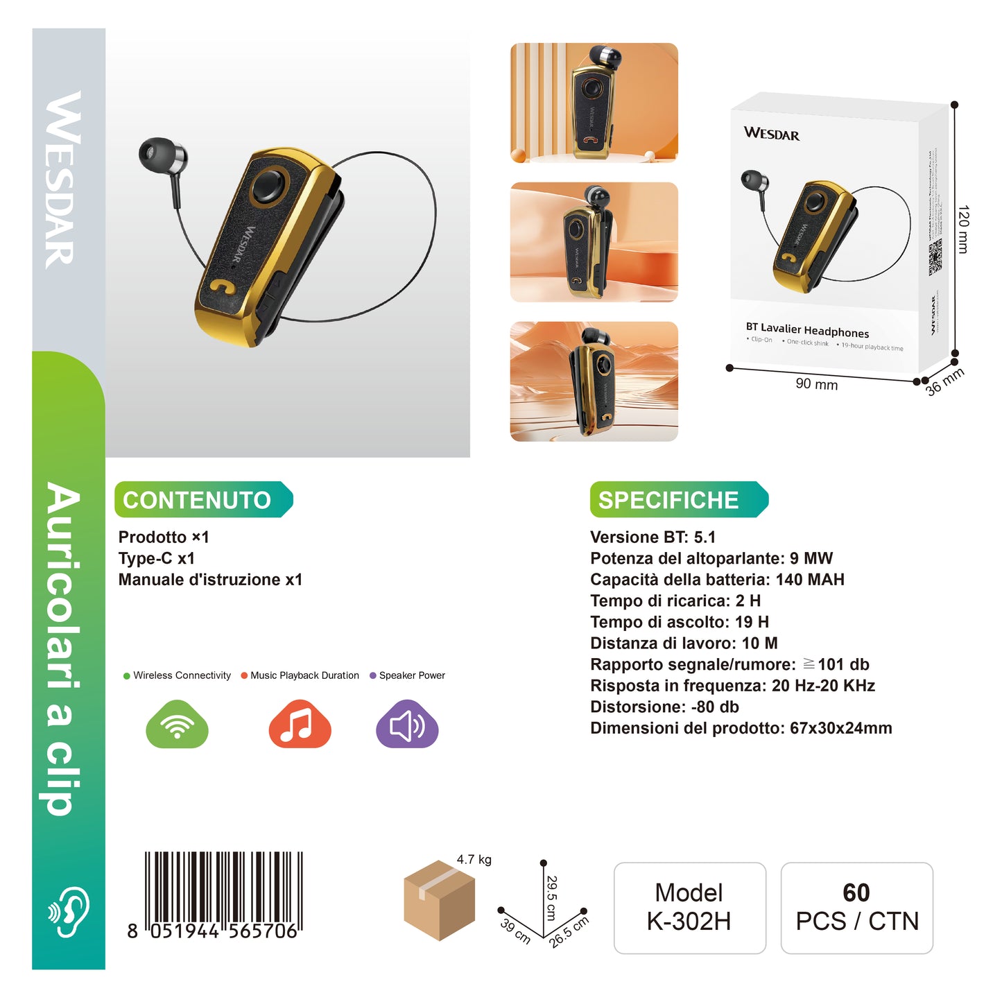 WESDAR K-302H Lavalier Auricolare BT