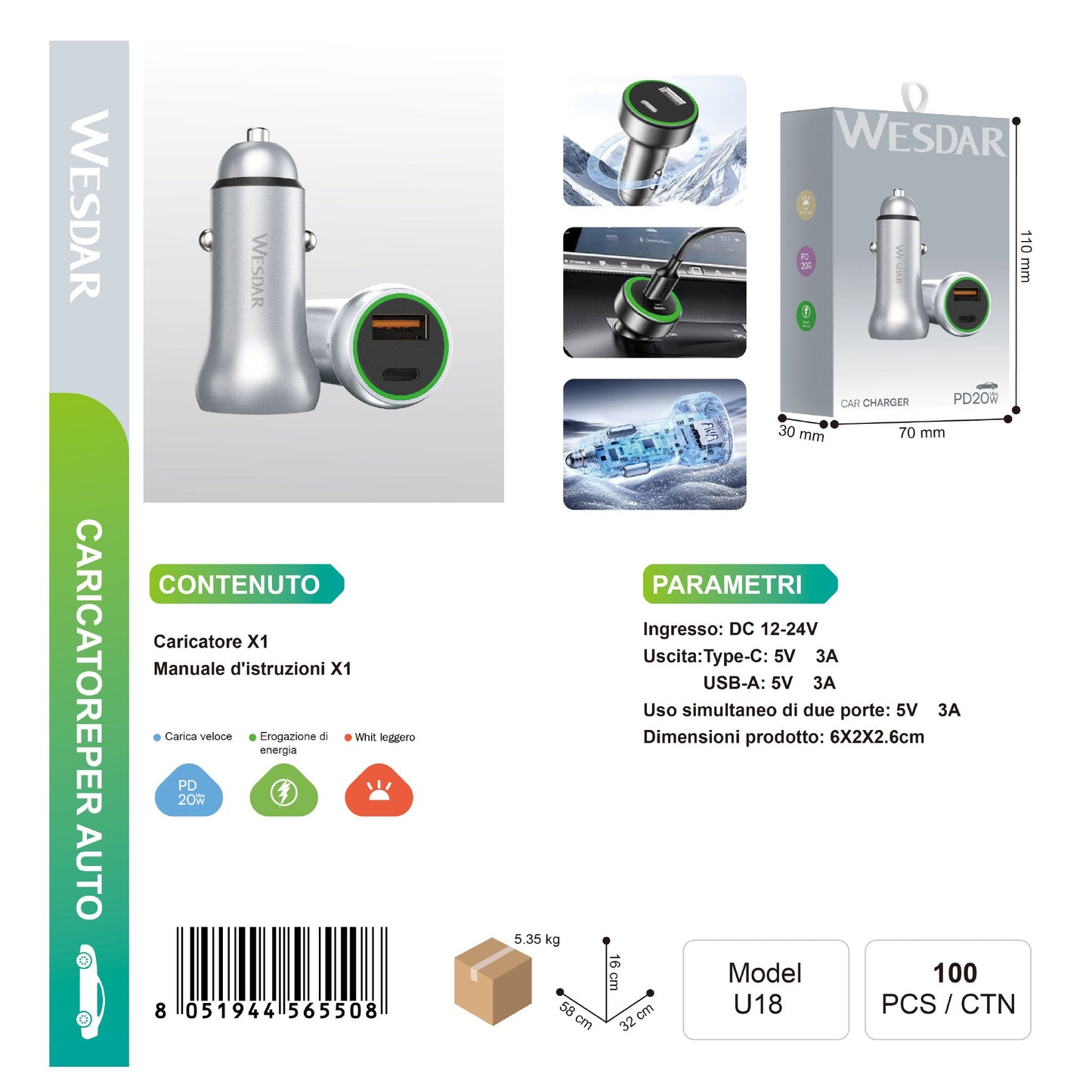 WESDAR U18 20W PD车载充电器