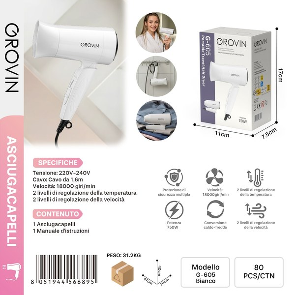 GROVIN G-605 Asciugacappeli 750w Bianco
