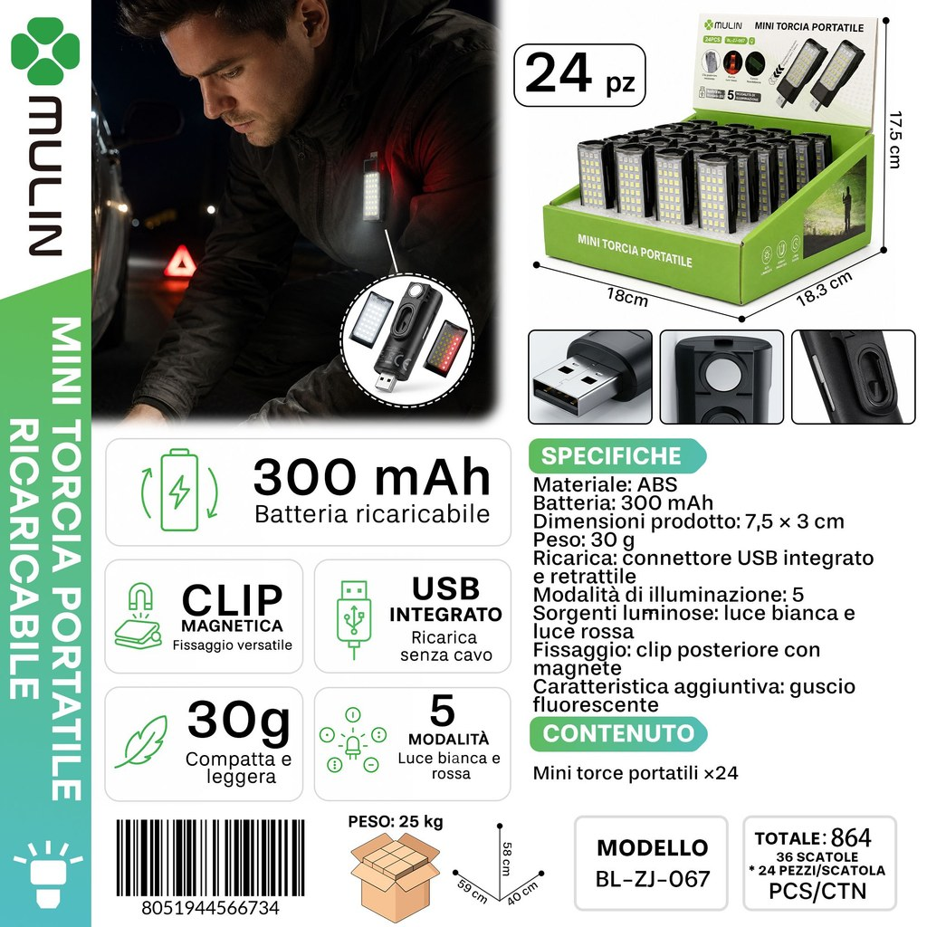 MULIN BL-ZJ-067 MIni Torcia Portatile con clip