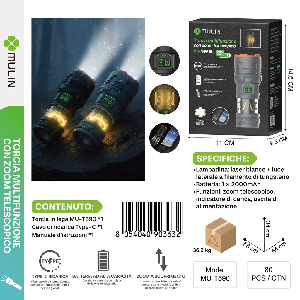 MU-T590 Torcia Multizione con Zoom Telescopico