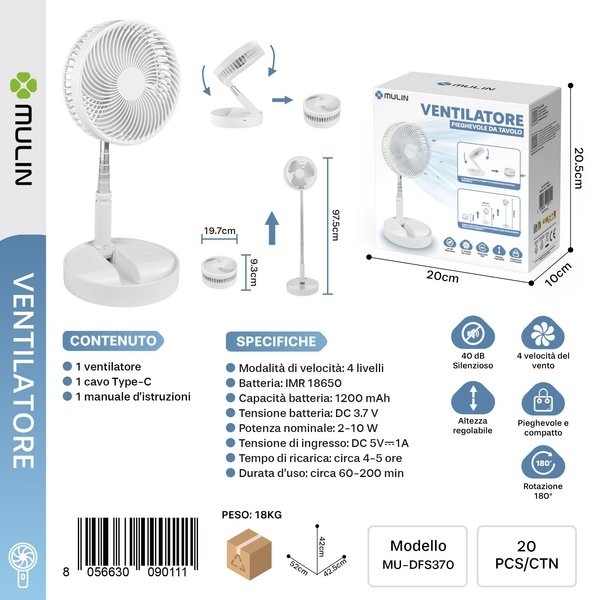 MU-DFS370 Ventilatore Pieghevole da Tavolo