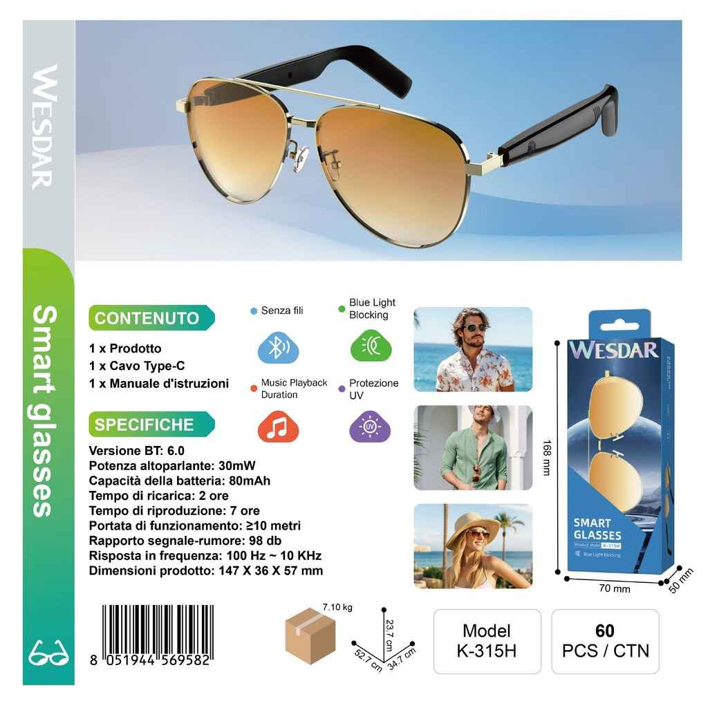 WESDAR K-315H Occhiali Smart Bluettooth (Marroncino)