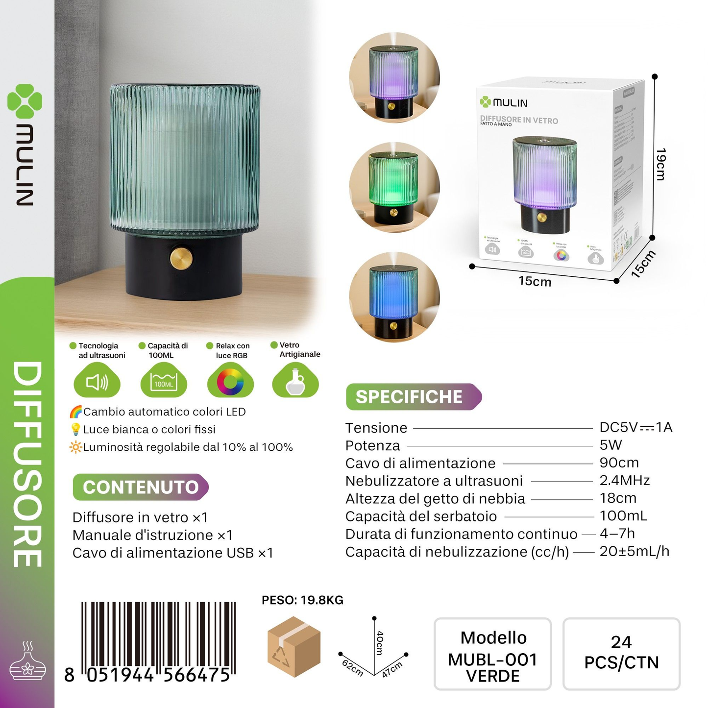 MUBL-001 Diffusore di Aromi in Vetro 100ml RGb
