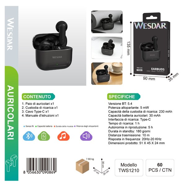 WESDAR TWS1210 Auricolare Wireless Nero