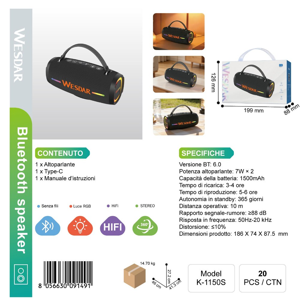 WESDAR K-1150S Altoparlante Bluetooth 7W*2