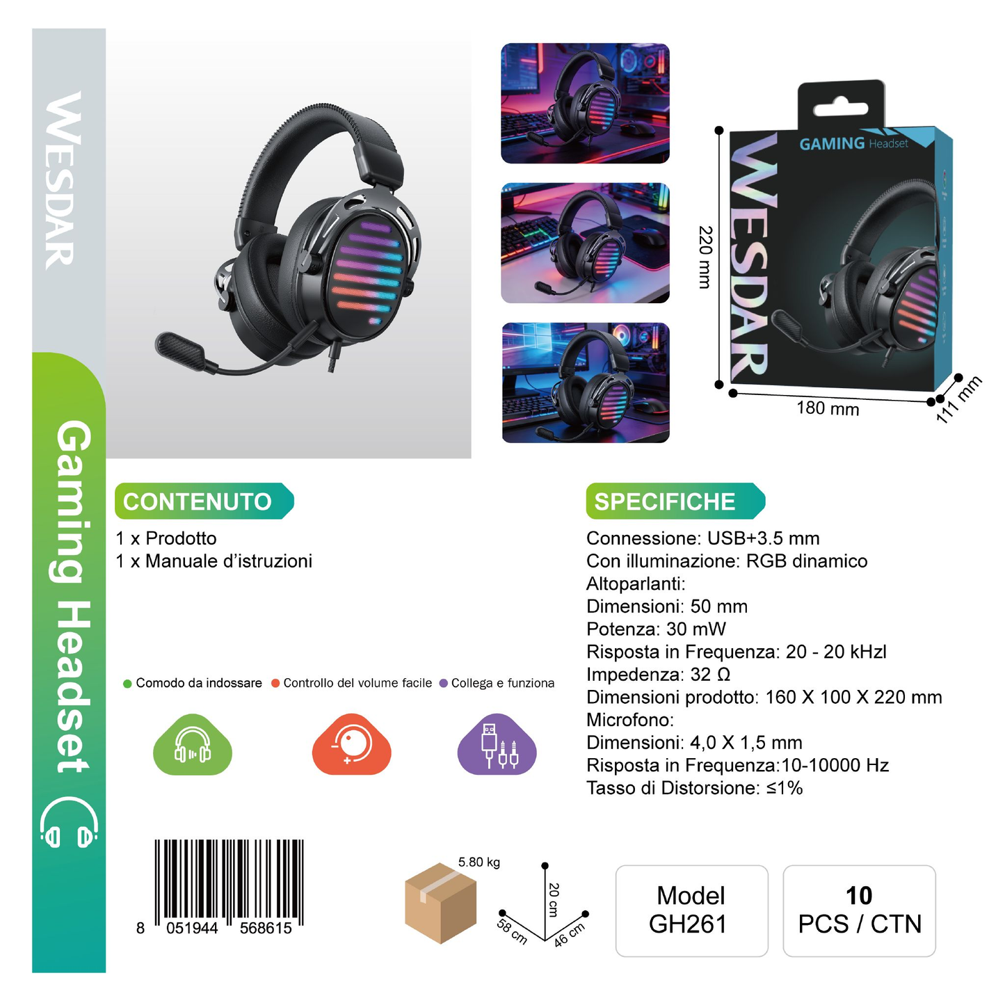WESDAR GH261 Cuffie Gaming