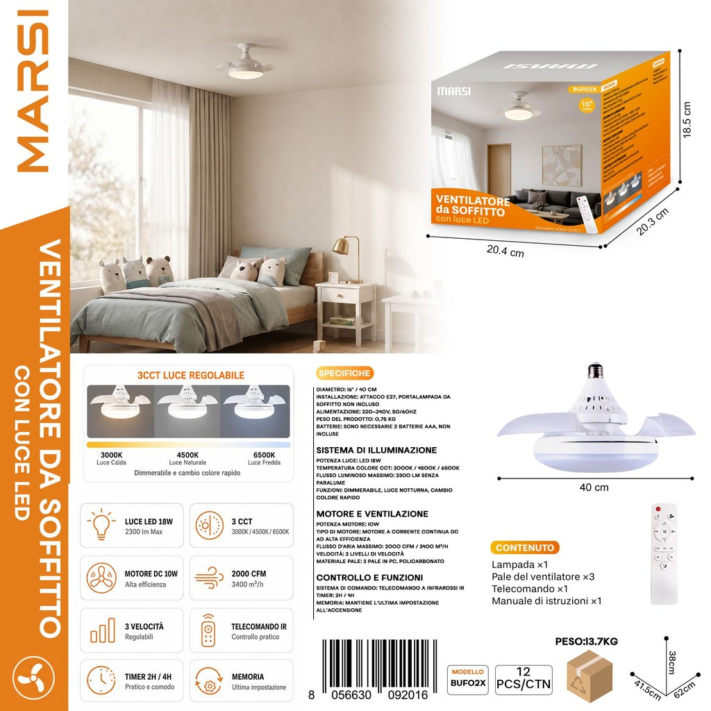 MARSI BUF02X Ventilatore da Soffitto con luce a LED 10W 40CM