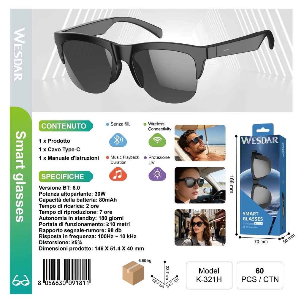WESDAR K-321H Occhiali Bluettooth Nero