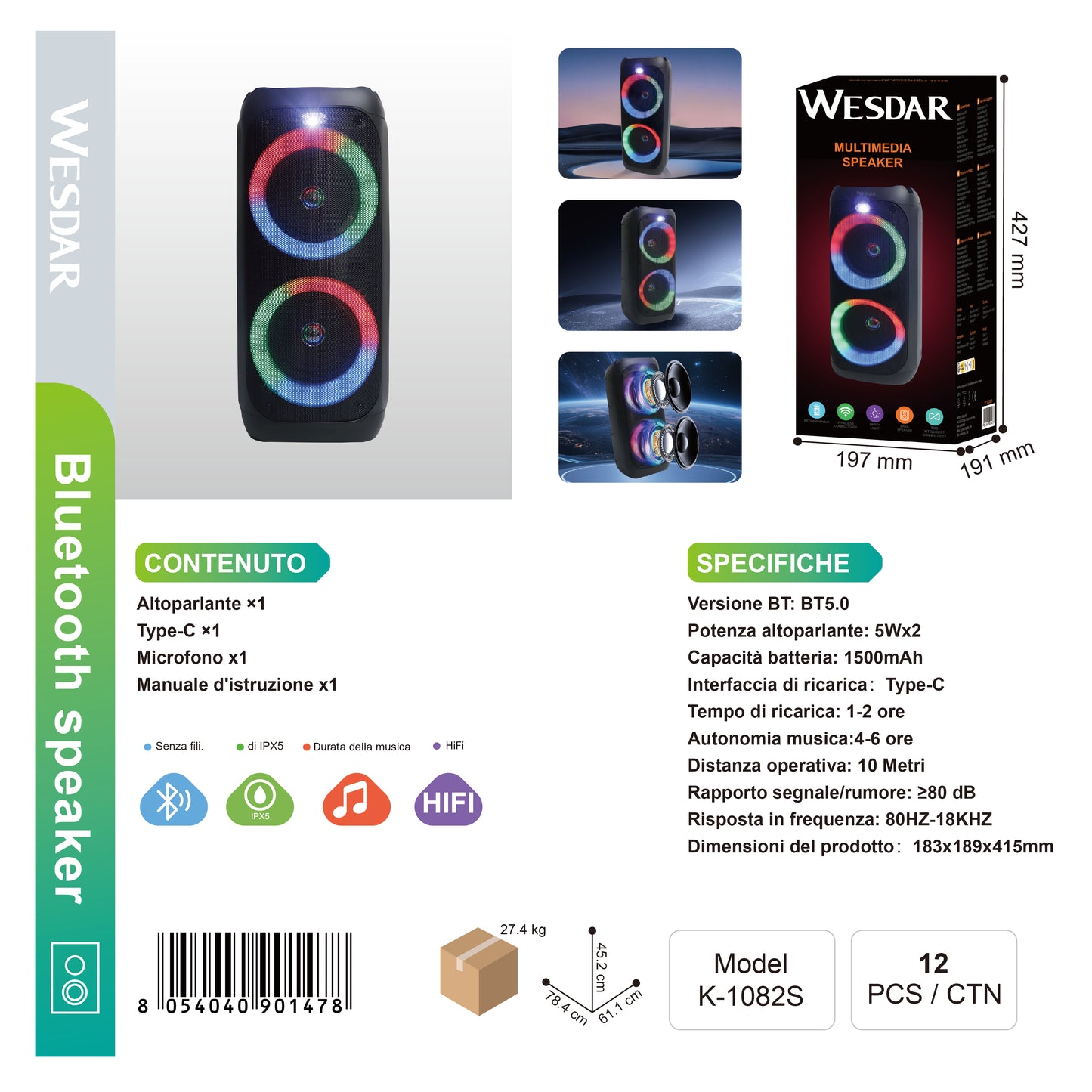 WESDAR K-1082S Altorparlante Multimedia Bluetooth RGB 5w*2