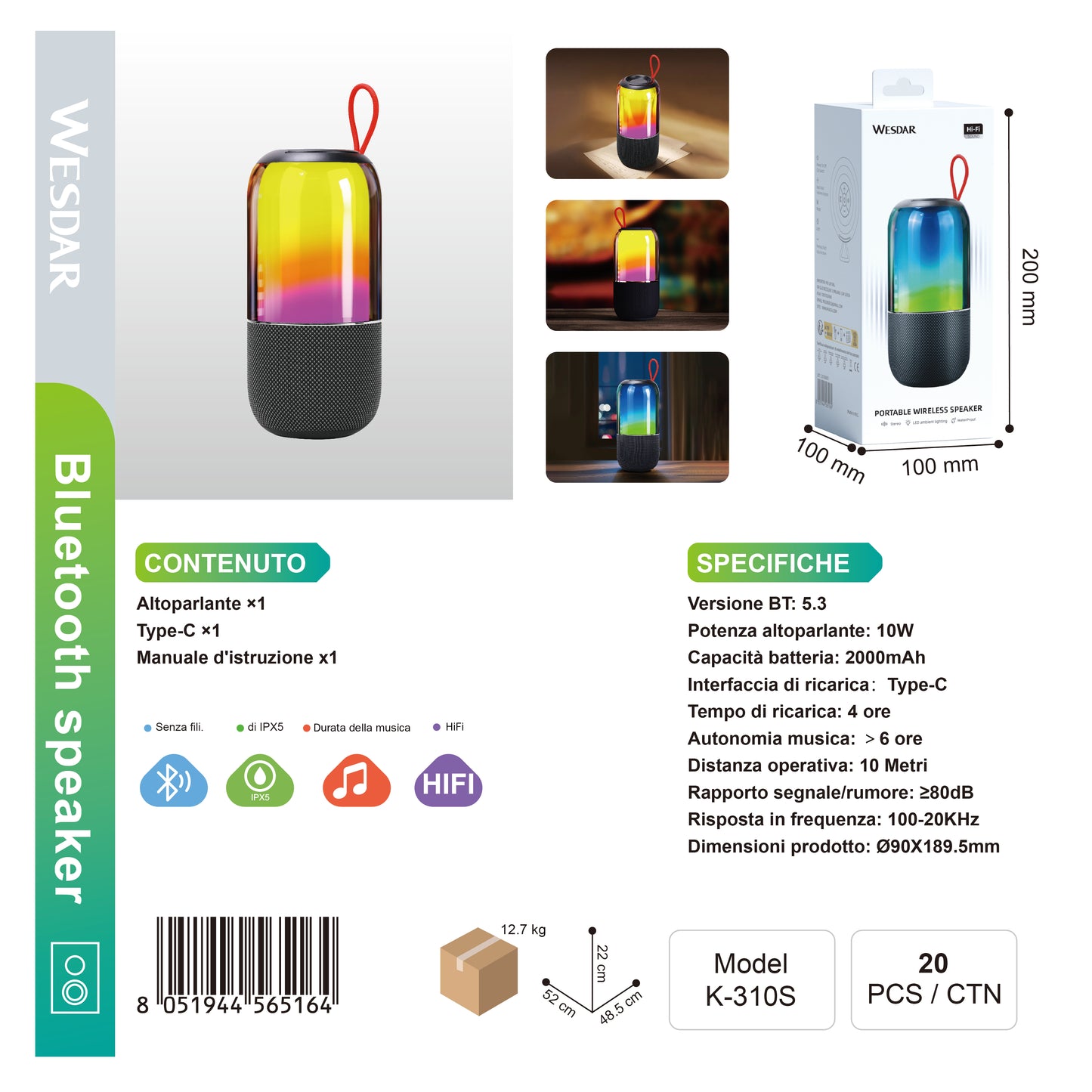 WESDAR K-310S Altoparlante Bluetooth RGB LED 2000mAh IPX5