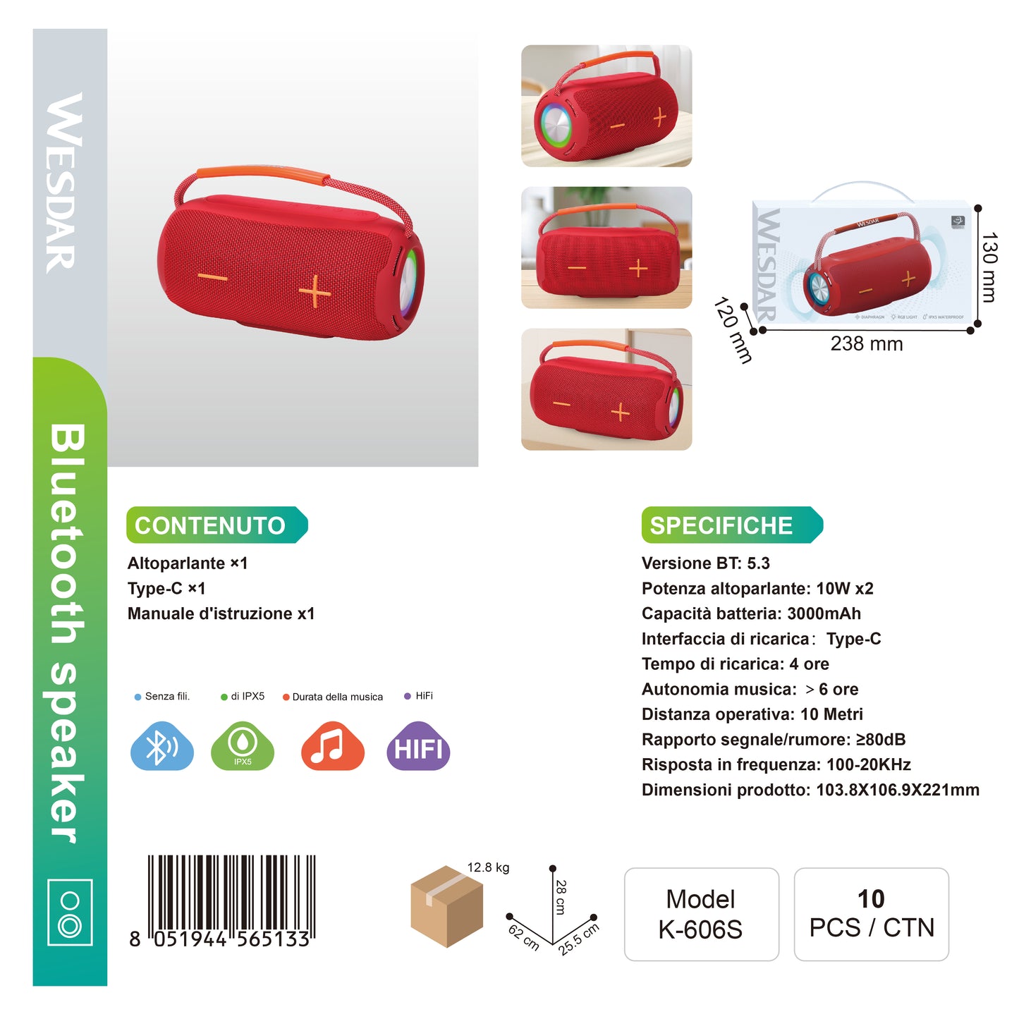 WESDAR K-606S Altoparlante Portatile 10W*2