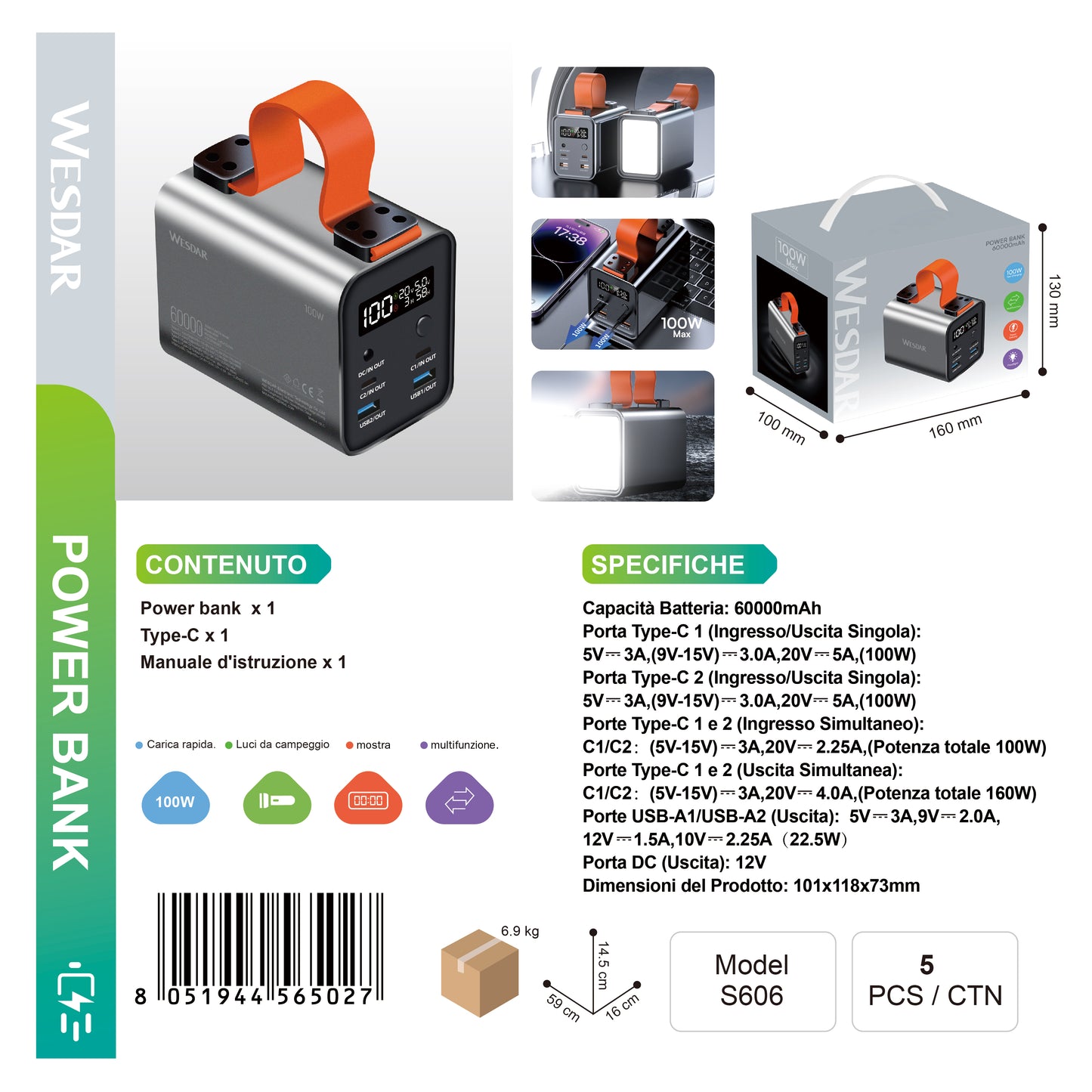 WESDAR S606 移动电源 100W 60000mAh 带 4 个输入/输出端口