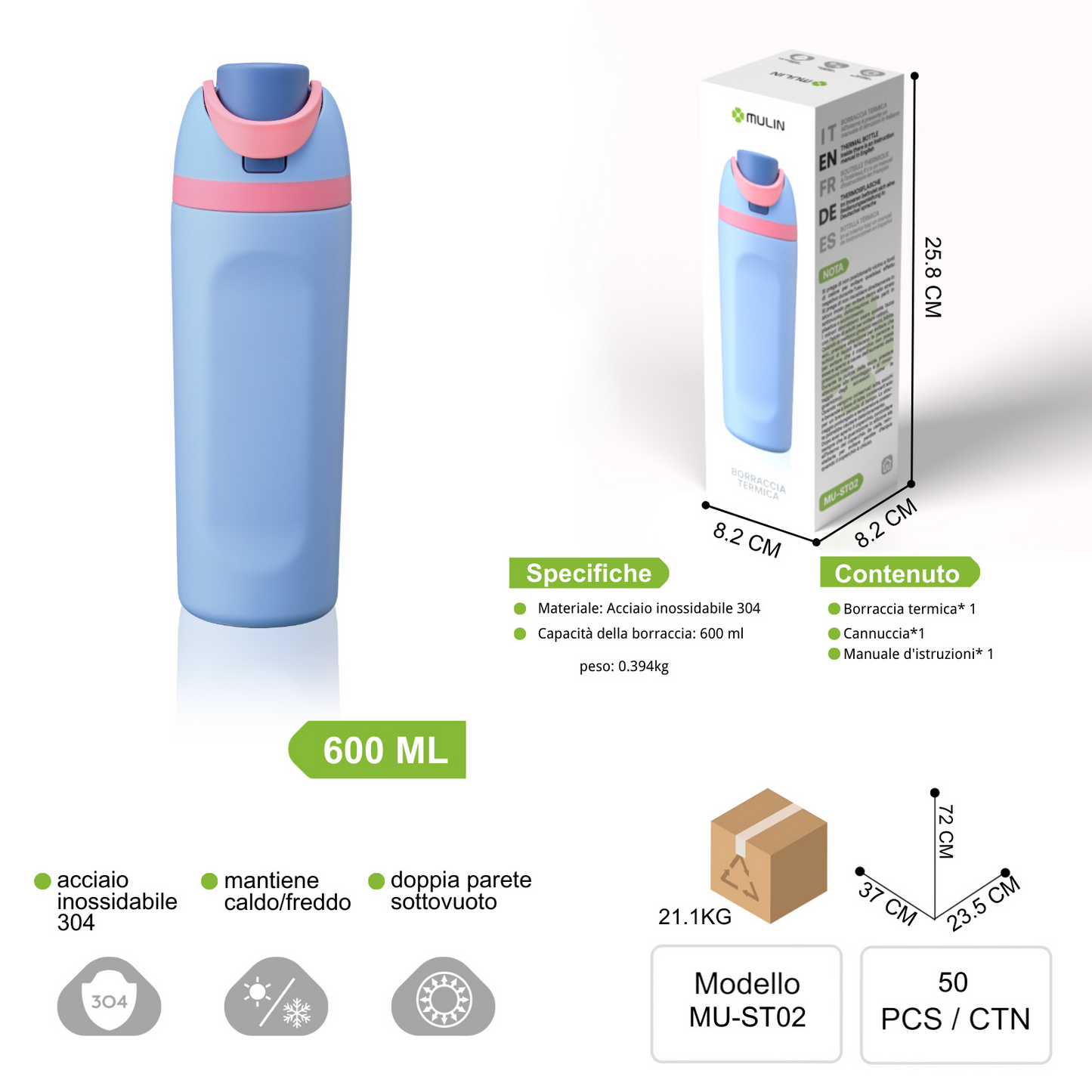 MU-ST02 Borraccia Termica da 600ml