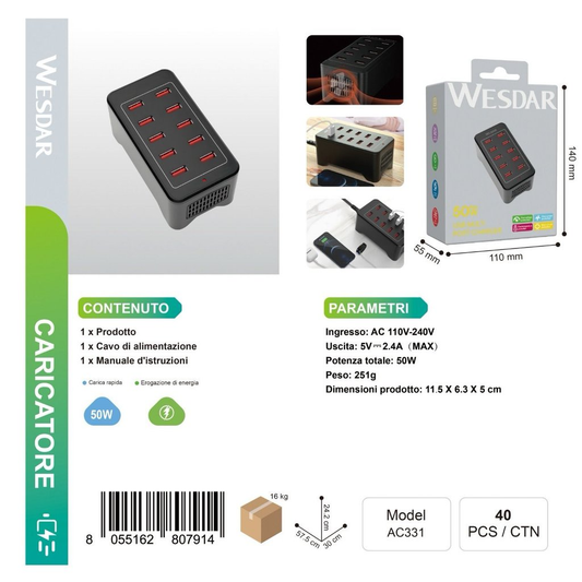WESDAR AC331 Hub 10 Porte Multiprese per USB