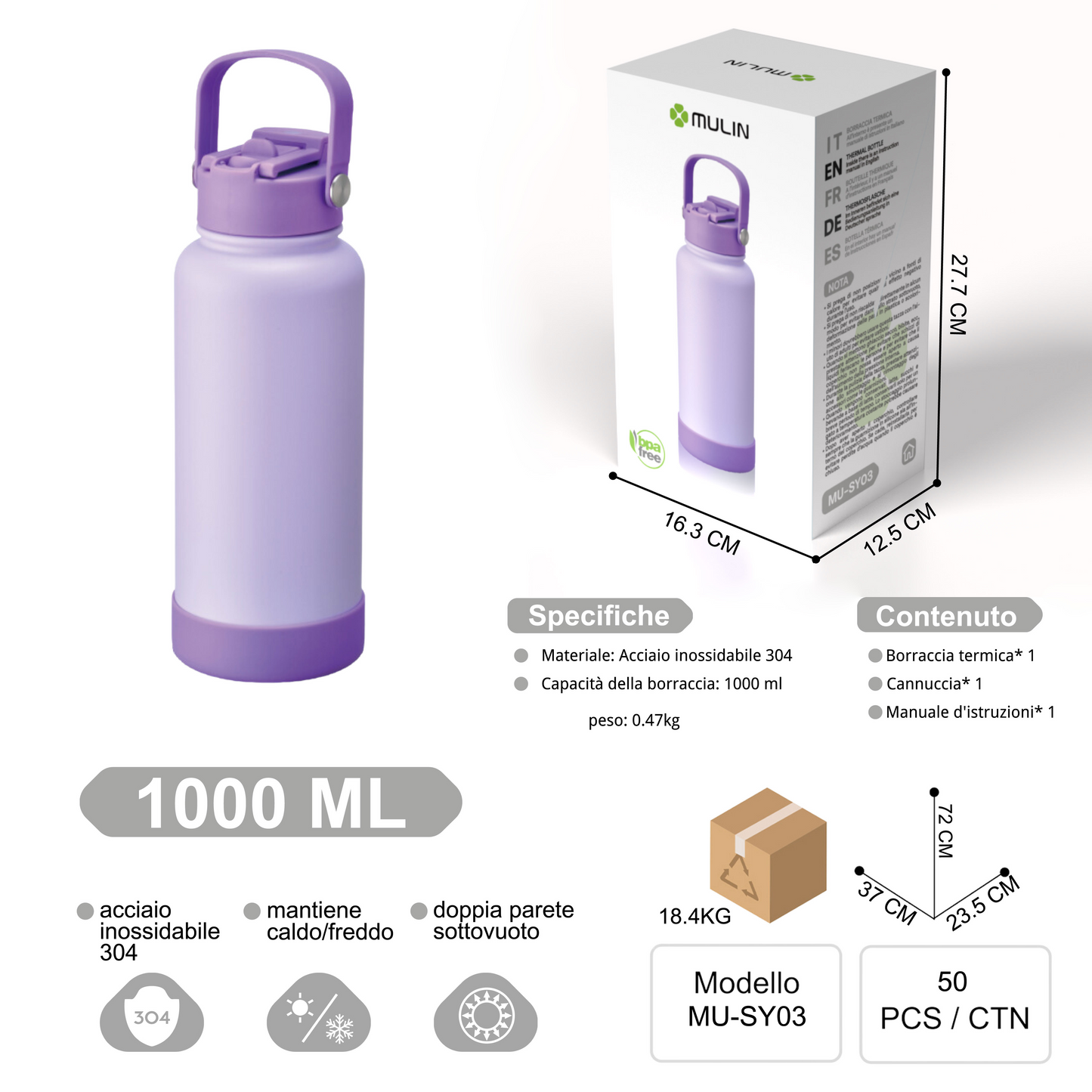 MU-SY03 Borraccia Termica A Doppia Parete con Maniglia 1L
