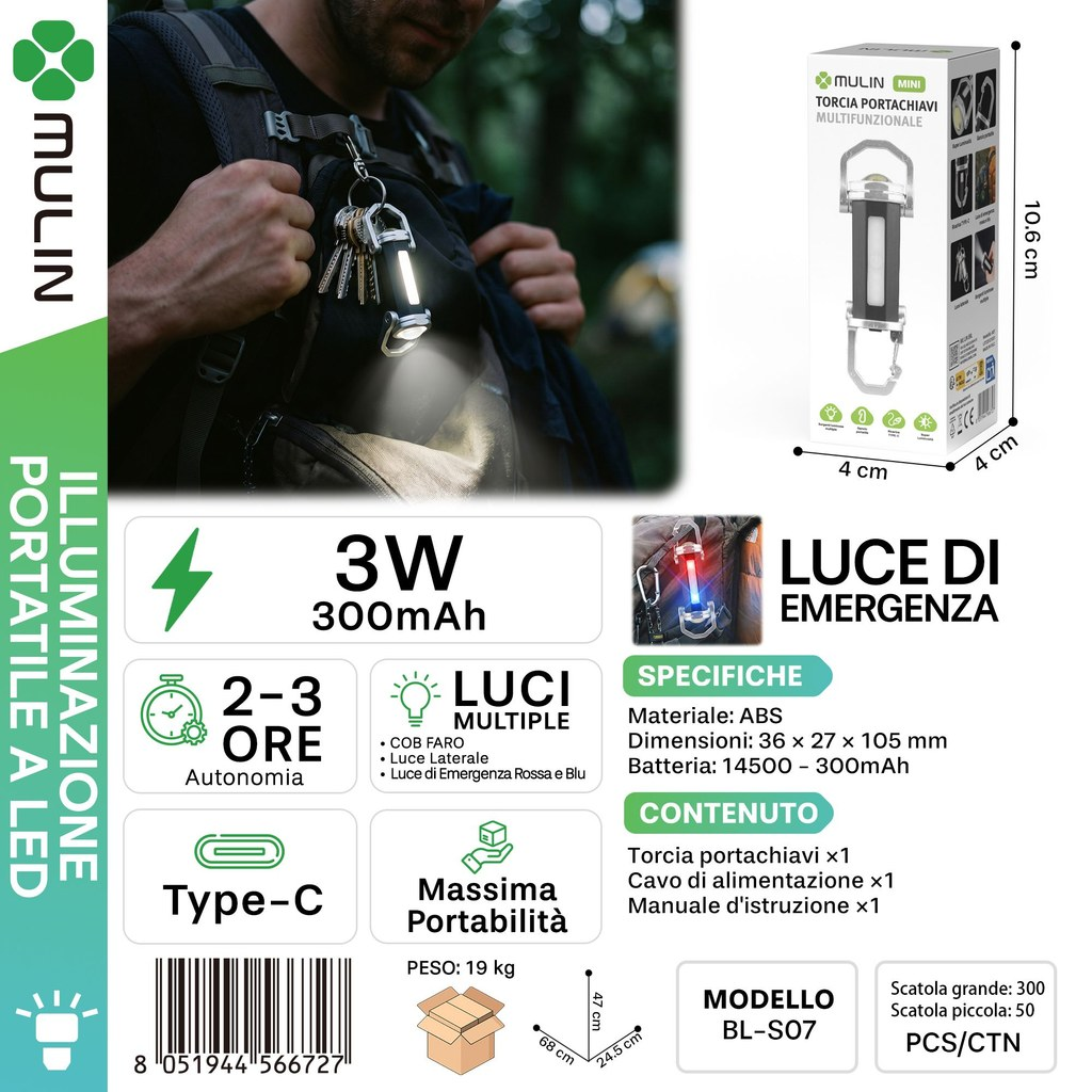 MULIN BL-S07 Torcia Portachiavi 3W