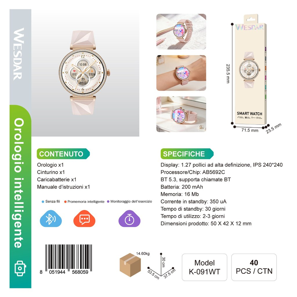 WESDAR K-091WT Smartwatch Rosa con Cinturino in Silicone