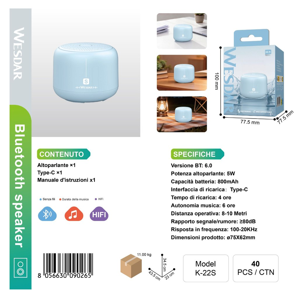 WESDAR K-22S Altoparlante Bluetooth 5W