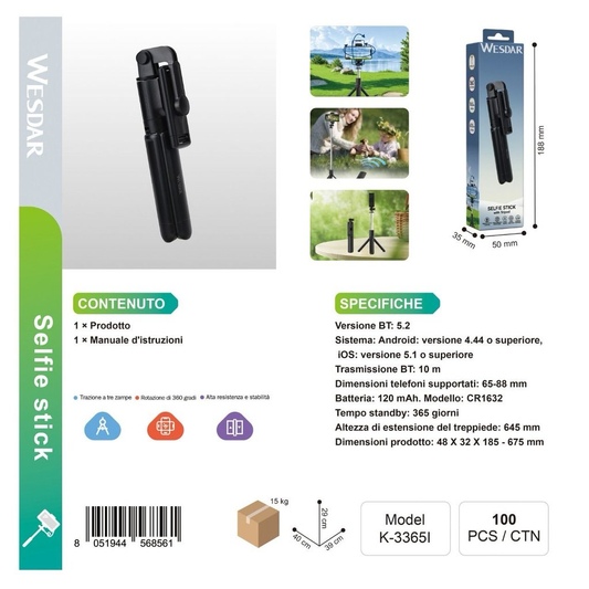 WESDAR K-3365L Selfie Stick con Mini Telecomando