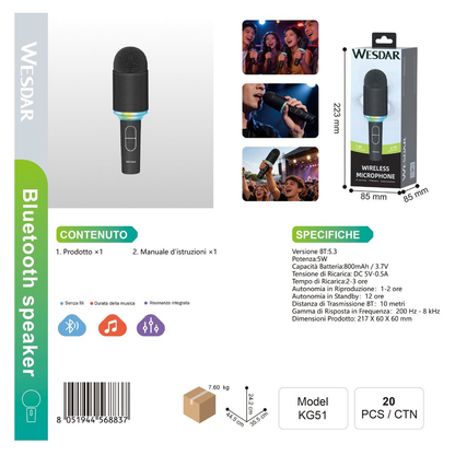 WESDAR KG51 Wireless Microfono con Altroparlante Integrata e Bluetooth