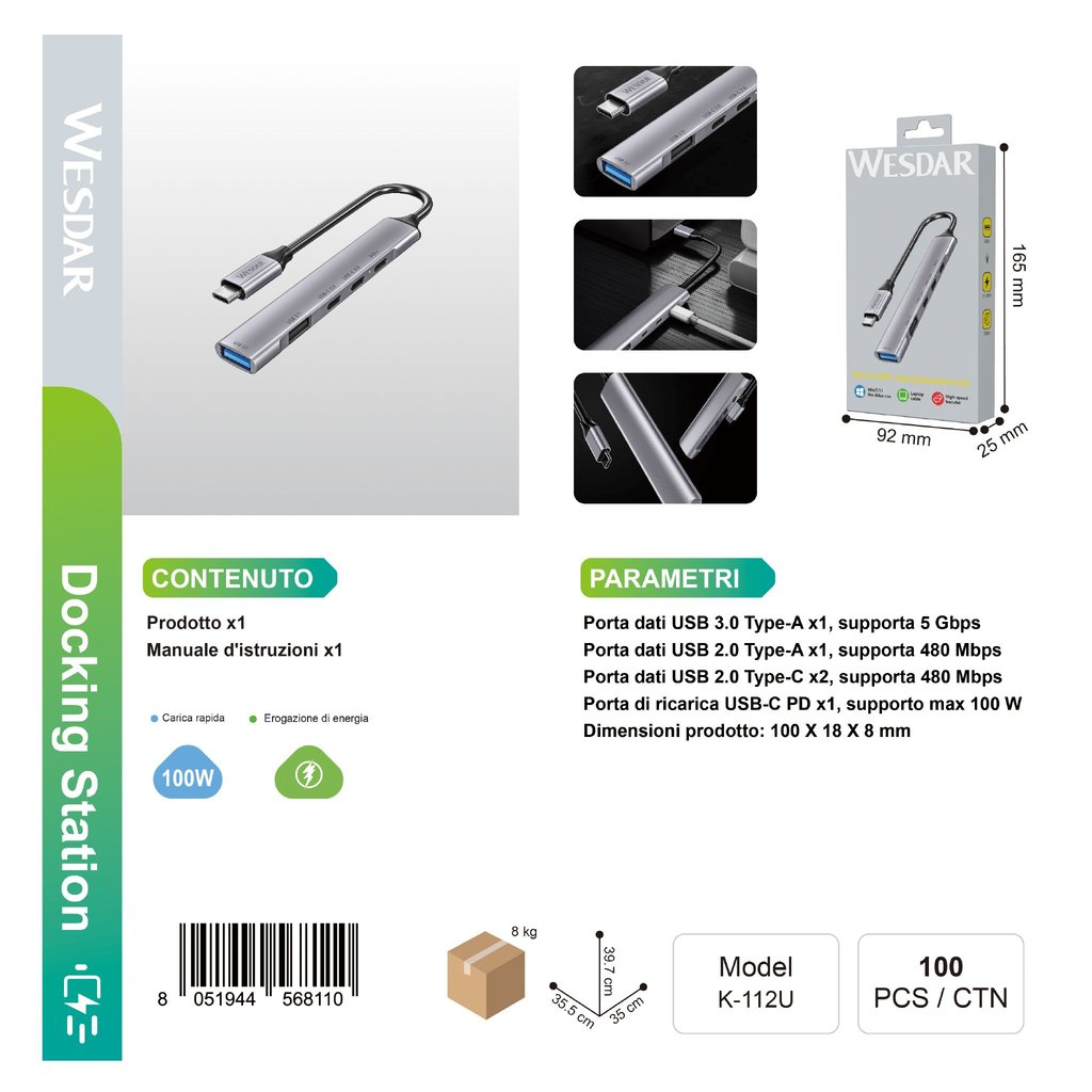 WESDAR K-112U Type-C Hub Argento 4-in-1